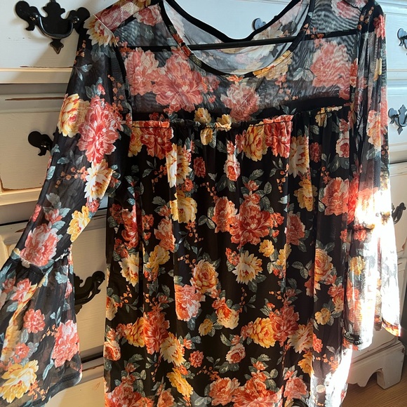 Bobbie Brooks Tops - Bobbie Brooks Floral Sheer Blouse - Black, Red, Yellow, Orange, Green Size LG